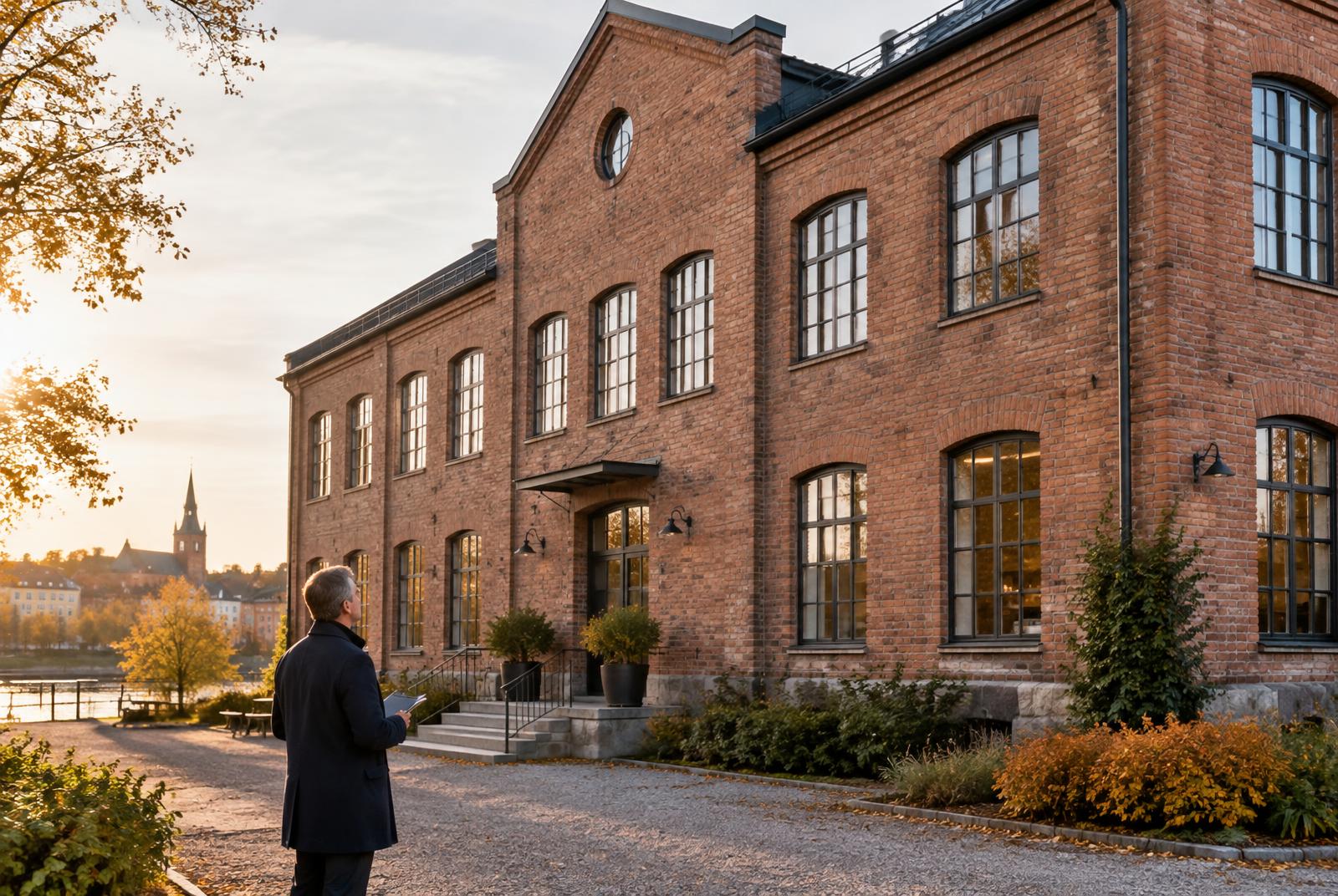 Fastighetsfasad med värderingsunderlag i förgrunden